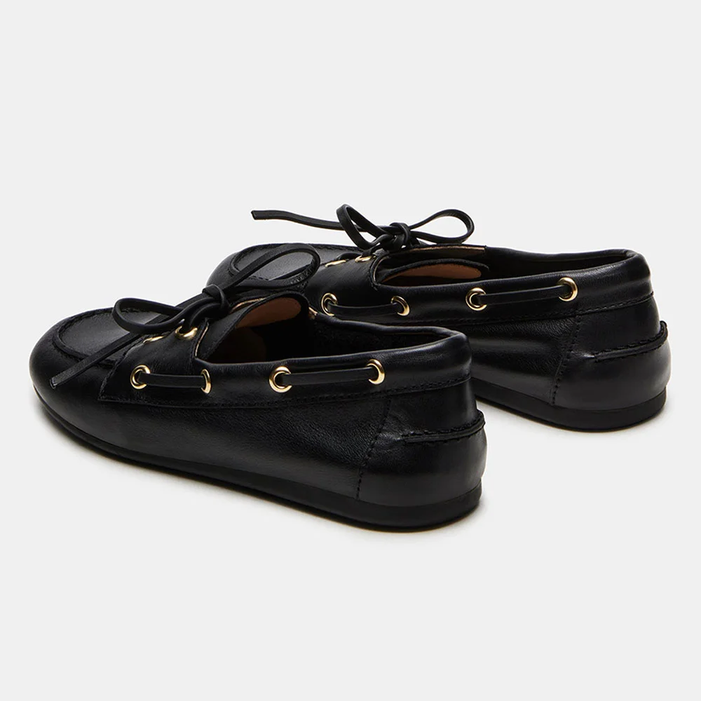 Classic Black Vegan Leather Round Toe Tie-Up Flat Women's Loafers