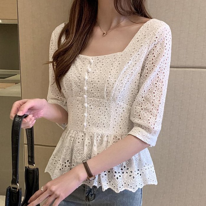White Casual Embroidered Flounce Shirts & Tops QueenFunky
