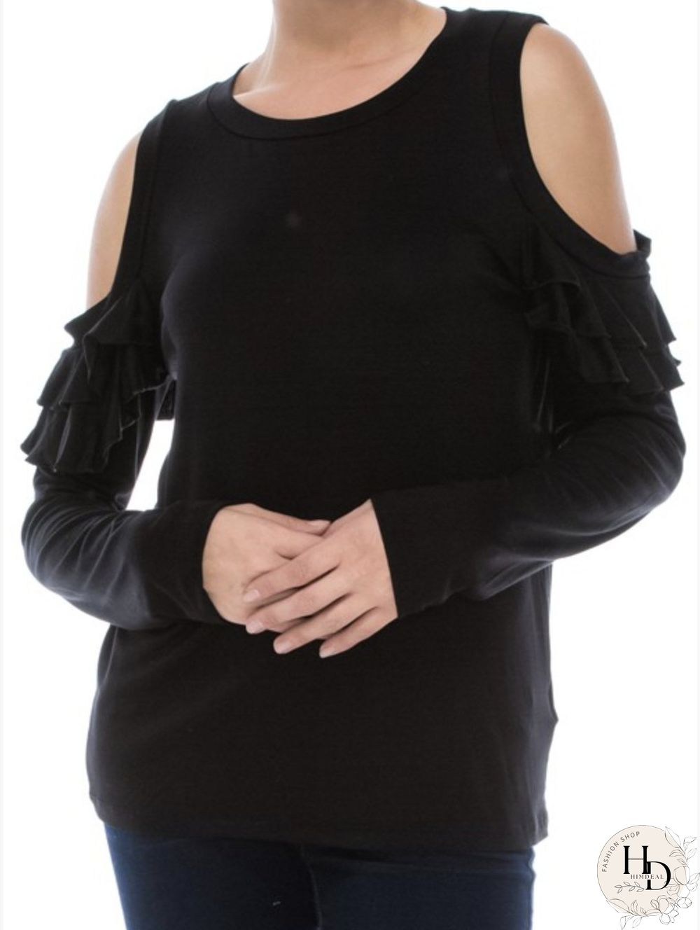 Crew Neck Regular Fit Casual Frill Sleeve Tops
