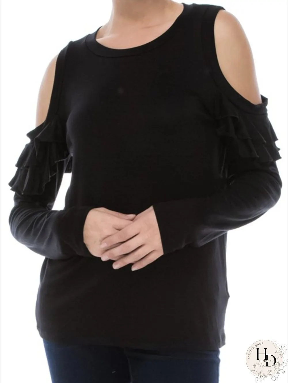 Crew Neck Regular Fit Casual Frill Sleeve Tops