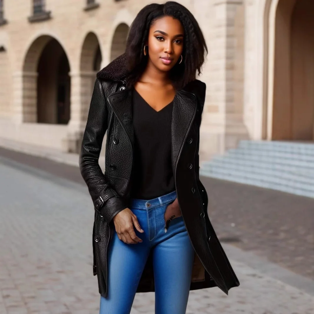 Nigikala Nigikala Women's Coat British Windy Thick Collar Long Leather Locomotive Leather Jacket Jacket Woman