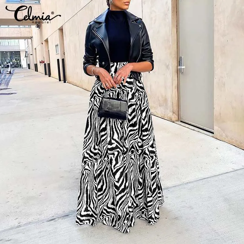 Celmia Elegant Women Maxi Skirts 2022 Autumn Vintage Zebra Printed Fashion Long Bottom Casual Loose A-Line Party Skirt Oversized