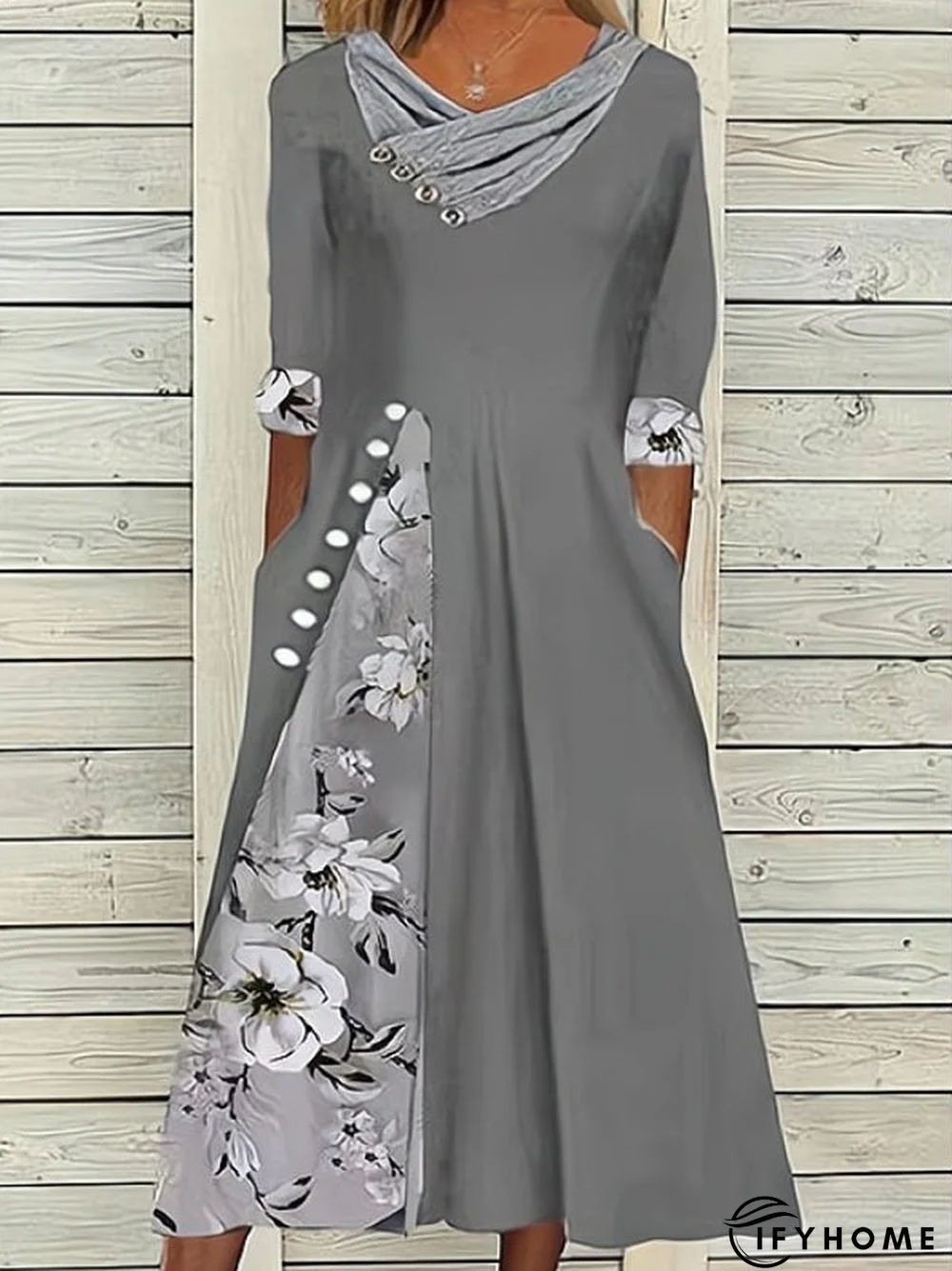 Floral Tunic V-Neckline Midi A-line Dress | IFYHOME