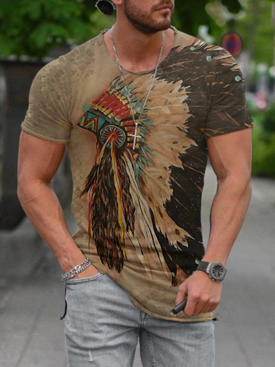 Khaki Casual Crew Neck Abstract Shirts & Tops