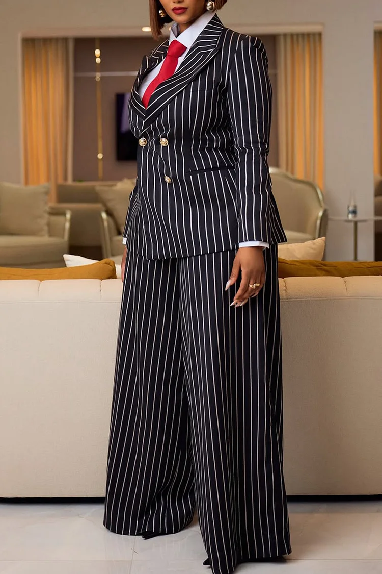 Plus Size Formal Black Striped Lapel Collar Long Sleeve Wide Leg Elegant Two Piece Pant Suits [Pre-Order]