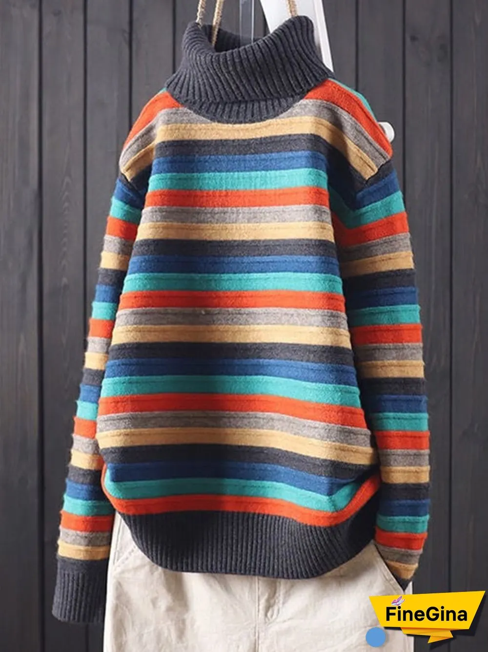 Women's Retro Colorful Striped Loose Lazy Style Turtleneck Knitted Sweater
