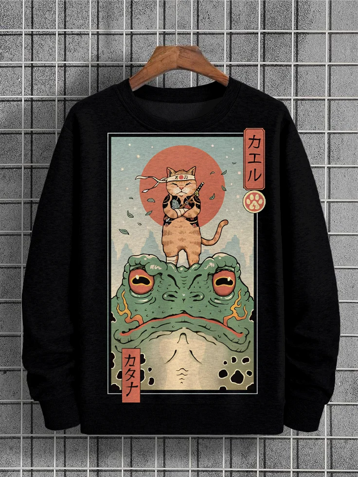 Men's Japanese Samurai Cat Frog Illustration Print Casual Sweatshirt