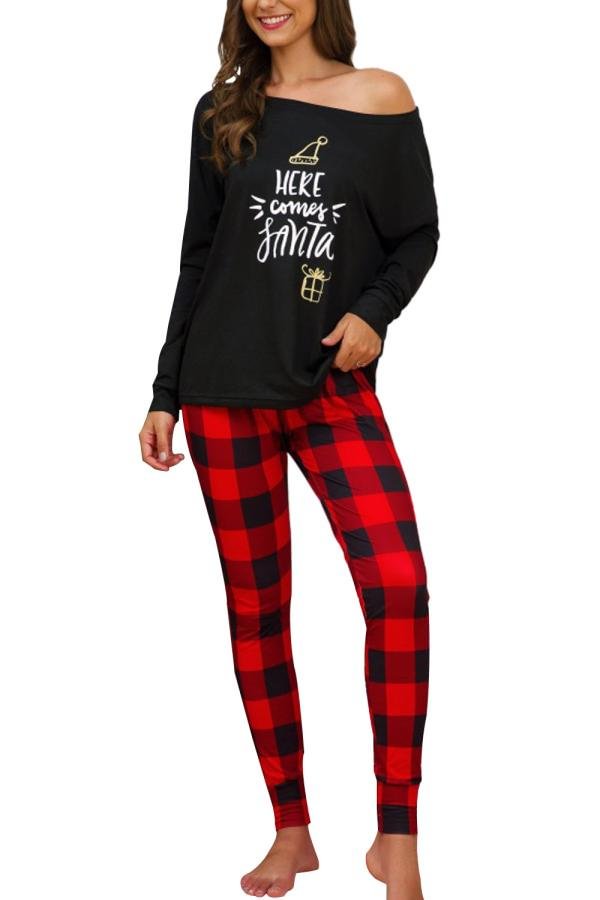 Letter Print Christmas Pajama For Women Black - Shop Trendy Women's Clothing | LoverChic