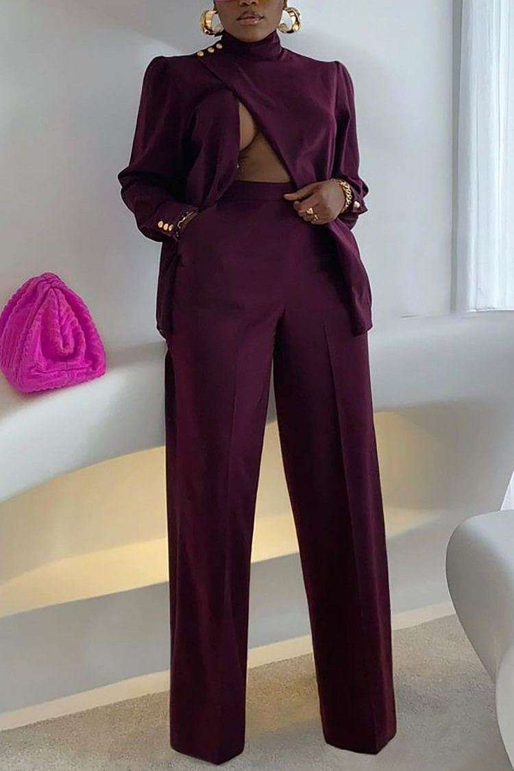 Plus Size Purple Daily Mock Neck Long Sleeve Satin Two Piece Pants Set ...