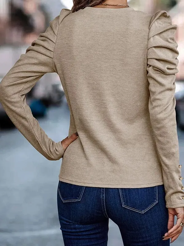 Bishop Sleeve Long Sleeves Elasticity Printed Tied V-Neck Blouses&Shirts Tops