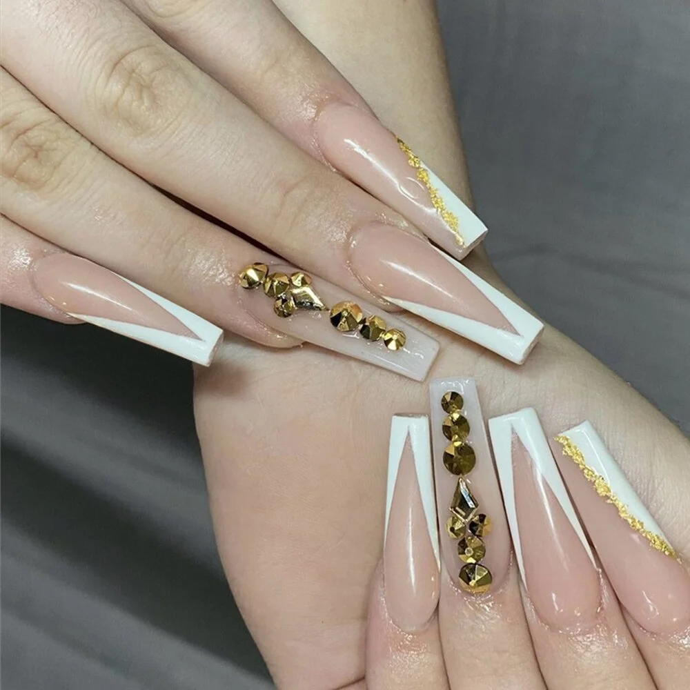 Detachable Marble Gradient Long Coffin False Nails Wearable Gold Foil Ballerina Fake Nails Full Cover Nail Tips Press On Nails-Nail Inspo