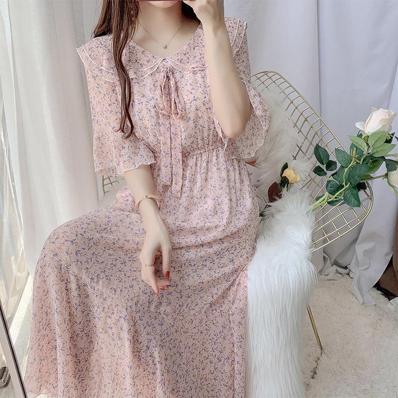 Dresses Women Elegant Ins Print Summer Chiffon Preppy Style Sweet Peter Pan Collar Lace-up Lightweight Soft Female Party Ulzzang