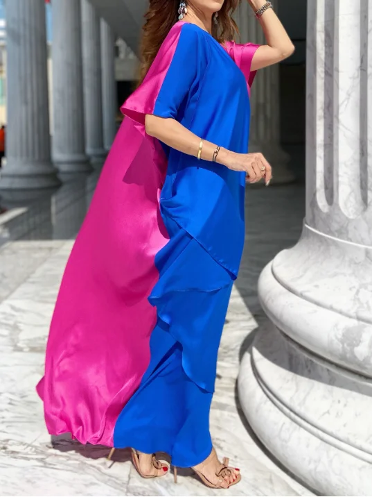 High Fashion Satin Color Block Dress Robe-inspireuse