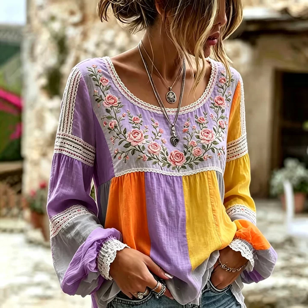 Women's Retro Rose Art Embroidery Color Block Comfortable Cotton Linen Long Sleeve Top