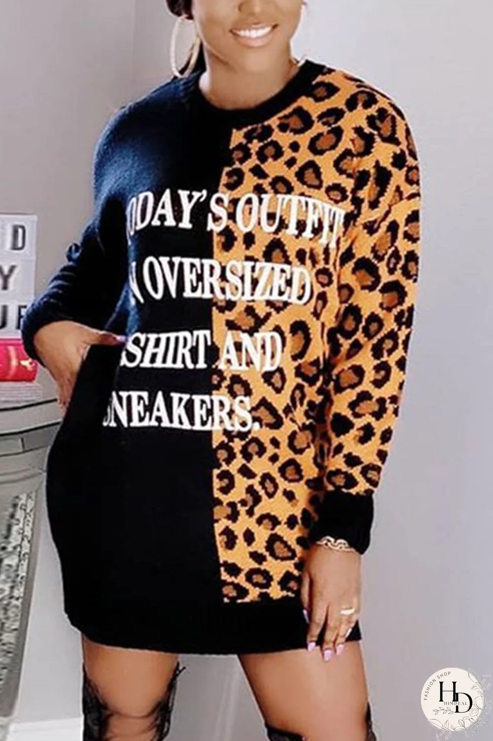 Black Fashion Casual Patchwork Print Split Joint O Neck Printed Dress Dresses