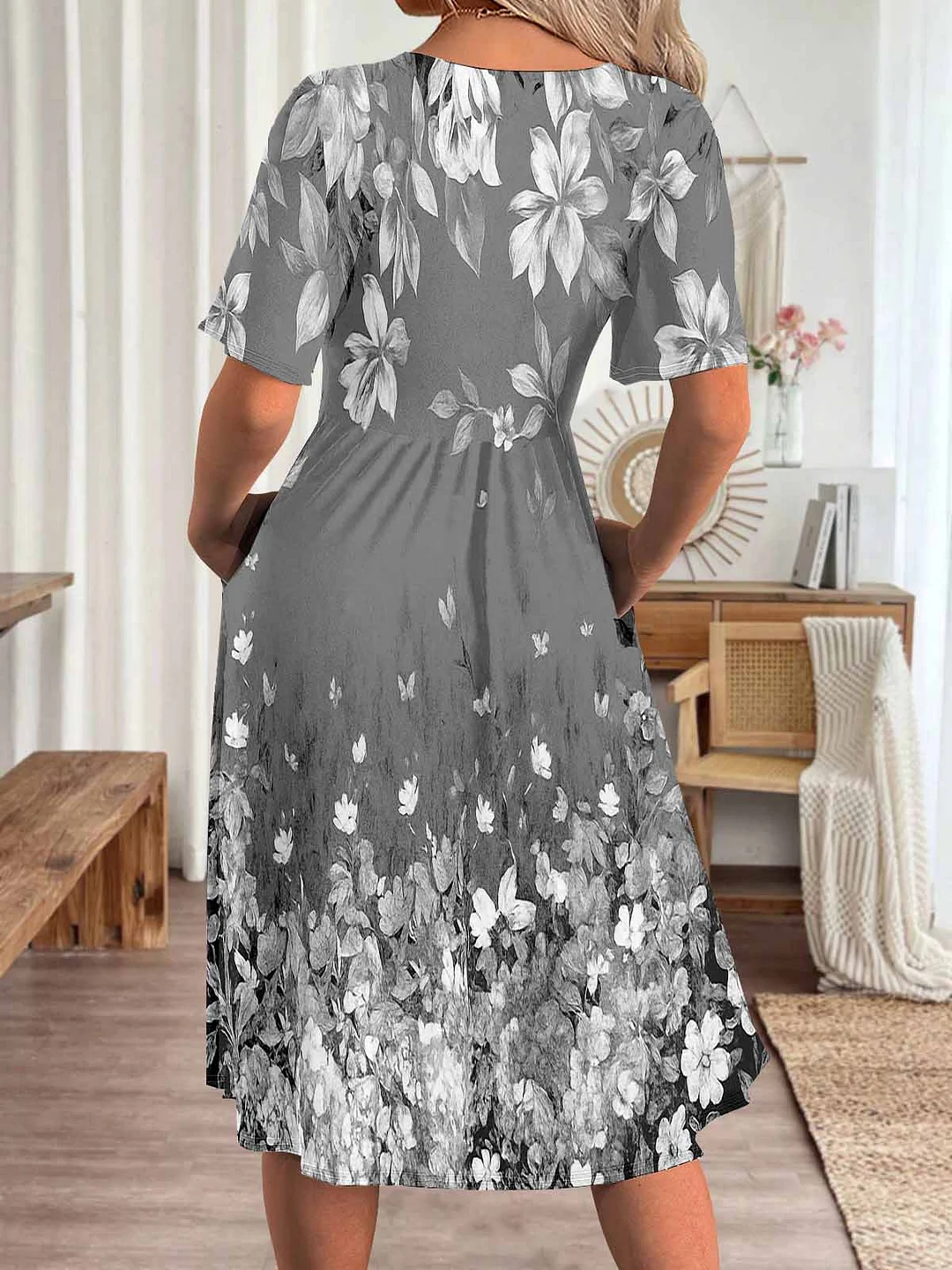 Women Floral,Gray DZHA8182 Short Sleeve Scoop Neck Graphic Printed Hollow Midi Dress