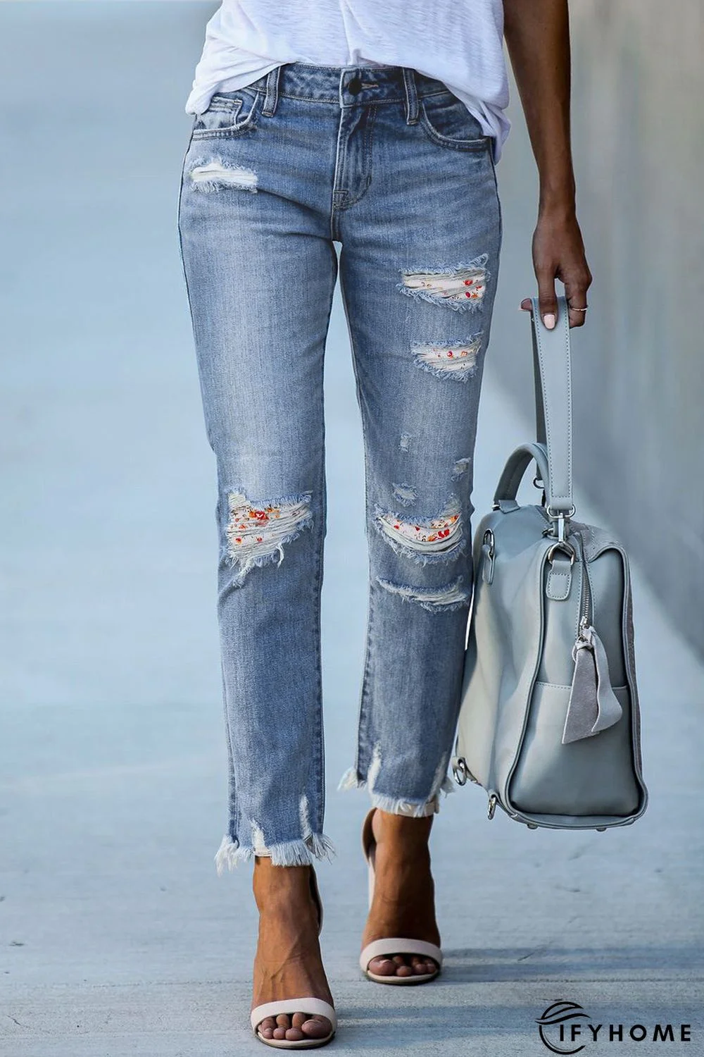 White Floral Print Patch Distressed Raw Hem Jeans | IFYHOME