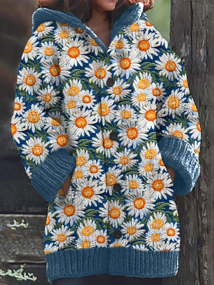 Daisy Floral Blue Cozy Knit Cardigan