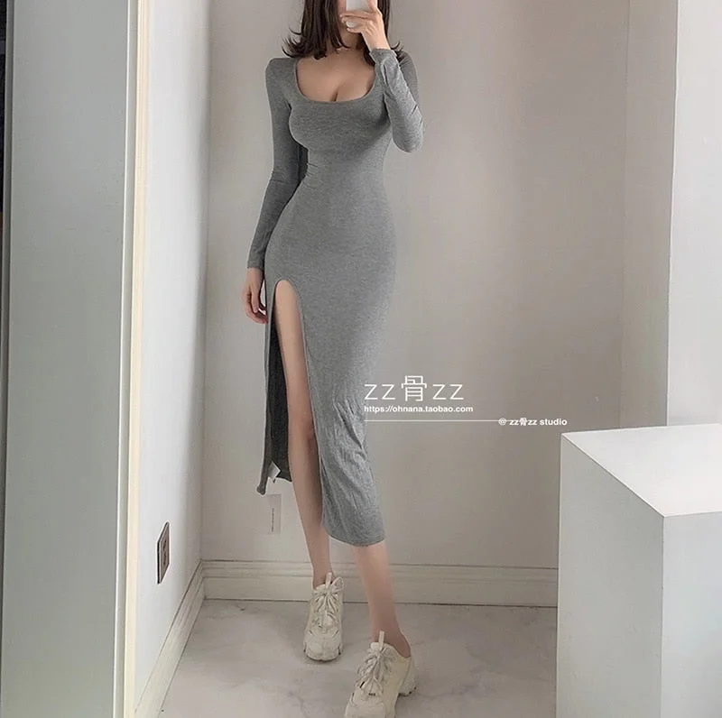 WOMENGAGA New Sexy Square Collar Solid Color Elastic Thin Temperament Simple And Fashion Long Sleeve Sexy Women Dress OIY5