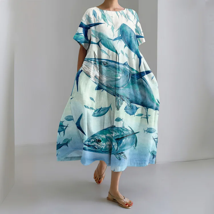 Retro Fish Ocean Art Print Pattern Linen Blend Dress