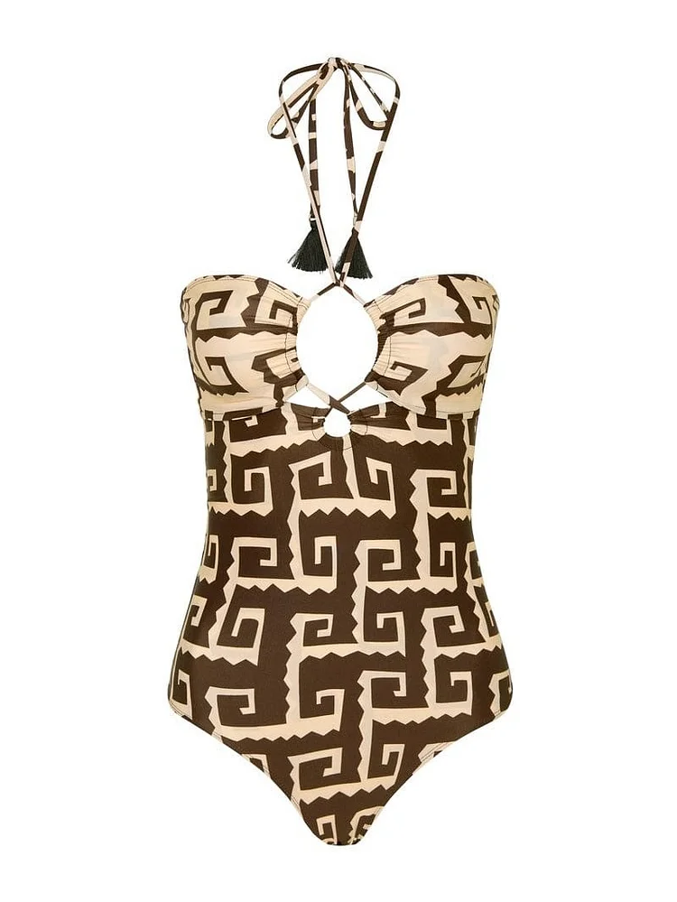 Ethnic Print Halterneck One-piece Swimsuit
