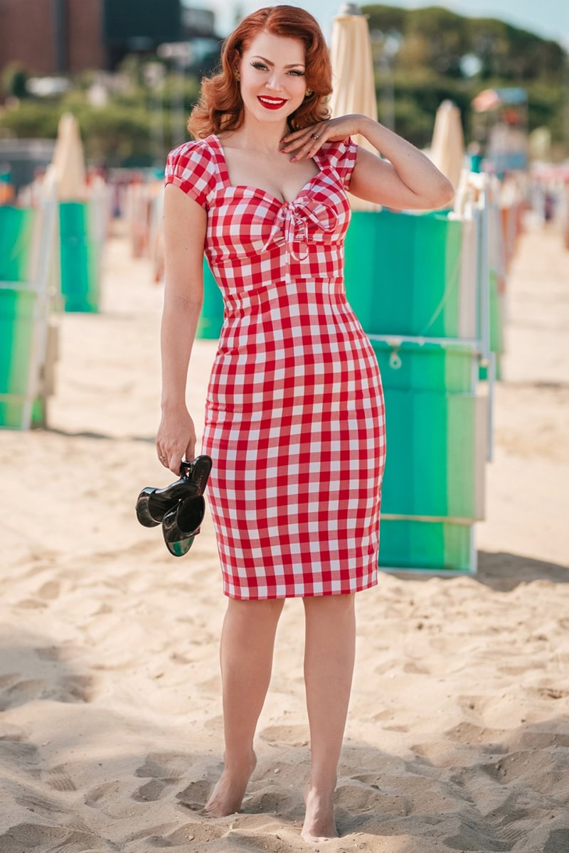 1950s Red White Casual Plaid Sweetheart Neck Bow Lace Up Pencil Midi Dress [Pre-Order]