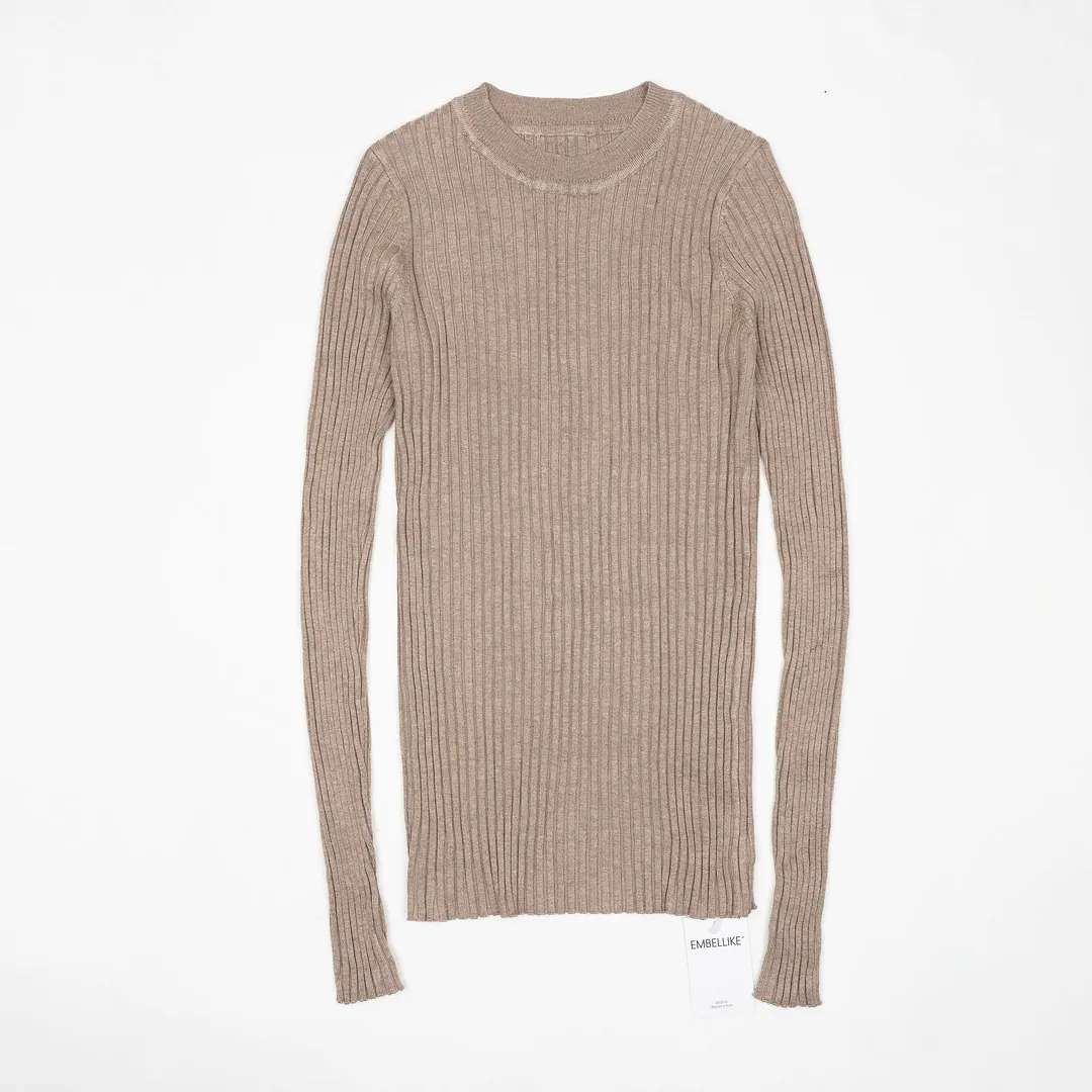 Women Sweater Pullover Basic Ribbed Sweaters Cotton Tops Knitted Solid Crew Neck With Thumb Hole