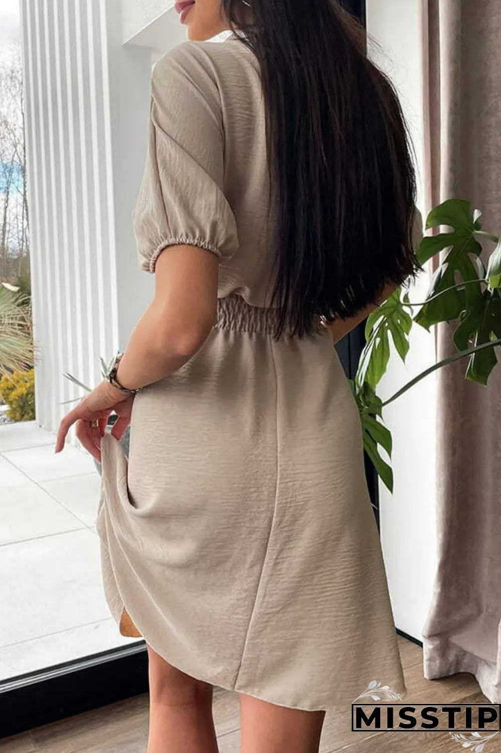 Brown Casual Solid Patchwork Turndown Collar Short Sleeve Dress