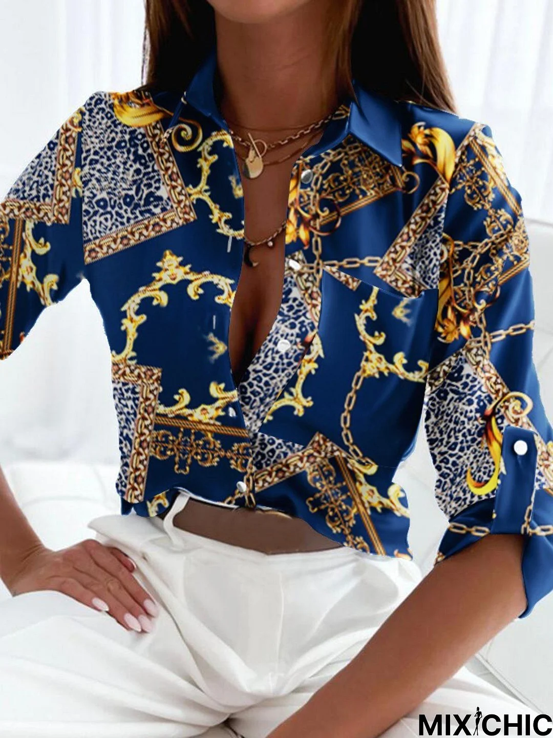 Casual Abstract Long Sleeve Shirt Collar Printed Top Blouse