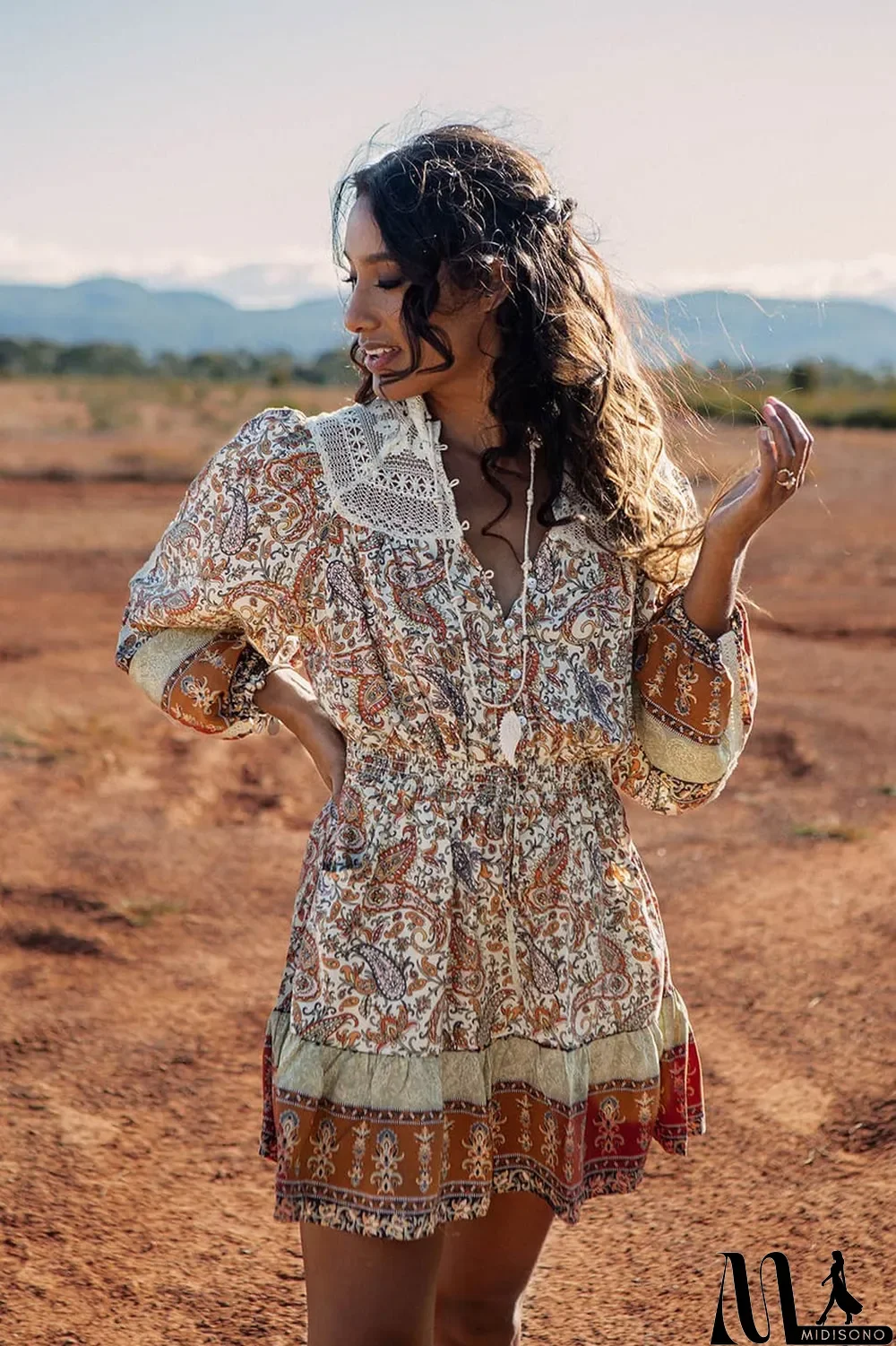 MidiSono - Multicolor Lace Splicing Split Neck Paisley Ruffle Mini Dress