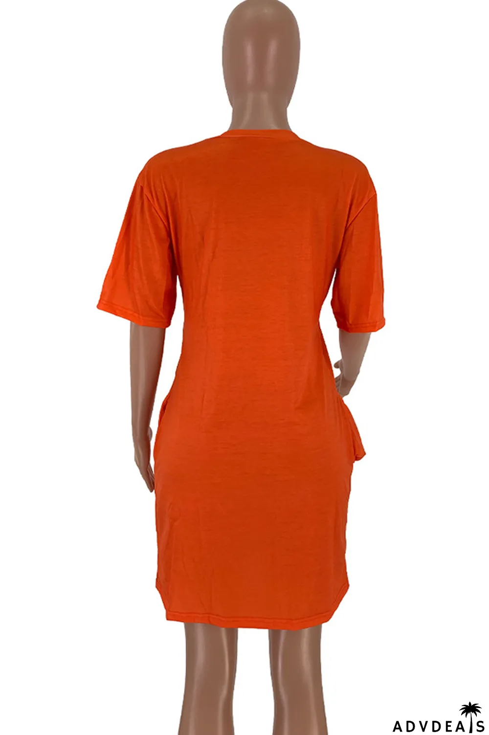 Orange Polyester Sexy Cap Sleeve Short Sleeves O neck Step Skirt Knee-Length Print