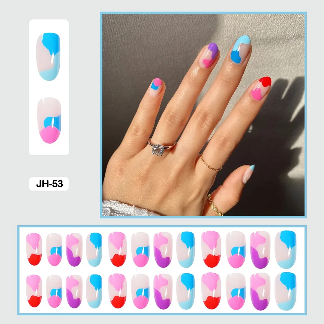 24Pcs/Set French Contracted Artistic Line Drip Shaped Short Wearable False Nails With Glue Manicure Art Tools Fake Nails-Nail Inspo