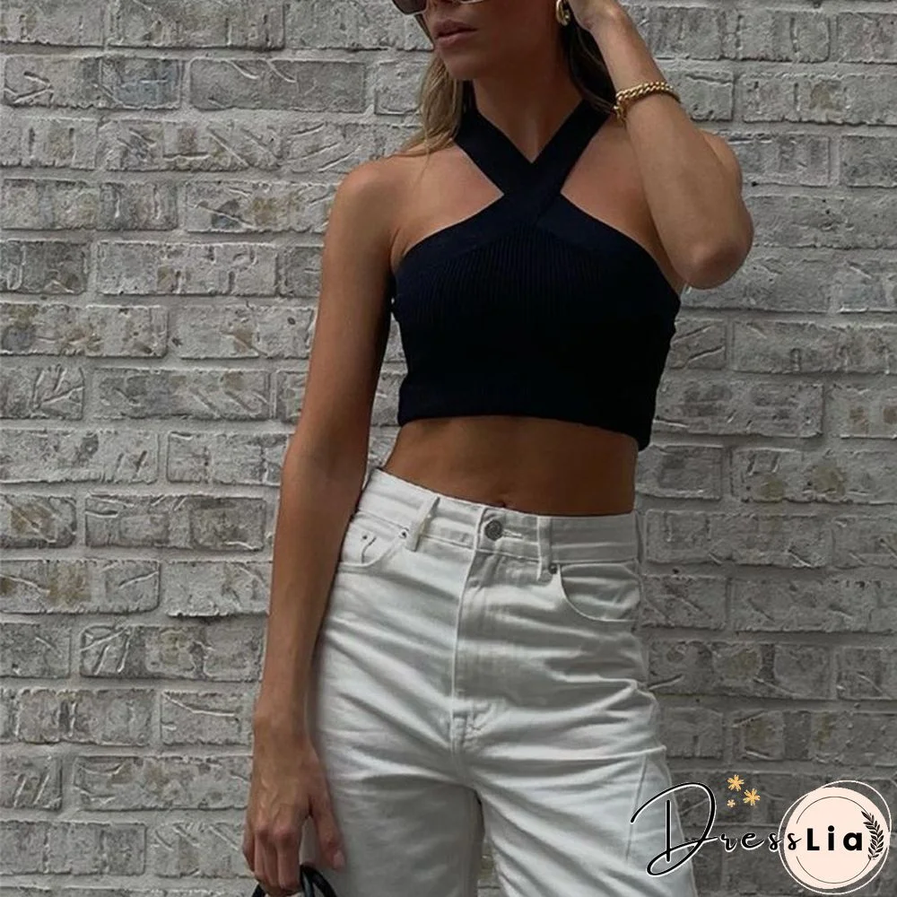 Crinkle Wide Ribbed Rib Criss Cross Halter Crop Top