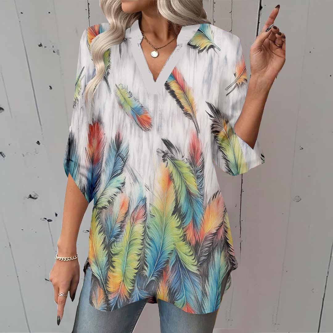 Women Feather, Blue, Green DZGA0553 3/4 Sleeve V-neck Printed Graphic Button Tops
