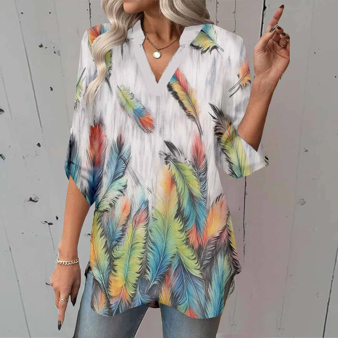 Women Feather, Blue, Green DZGA0553 3/4 Sleeve V-neck Printed Graphic Button Tops