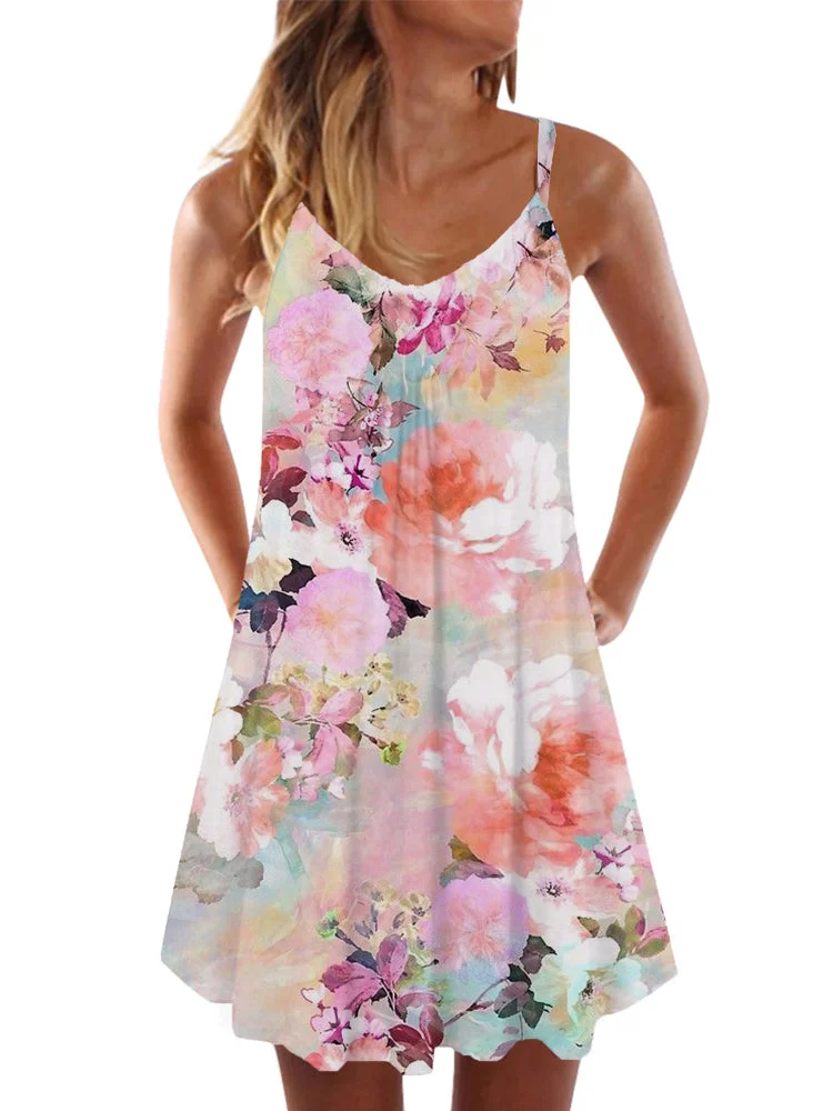 Color Flowers Gradient Casual Fashion Sleeveless Camisole Dress