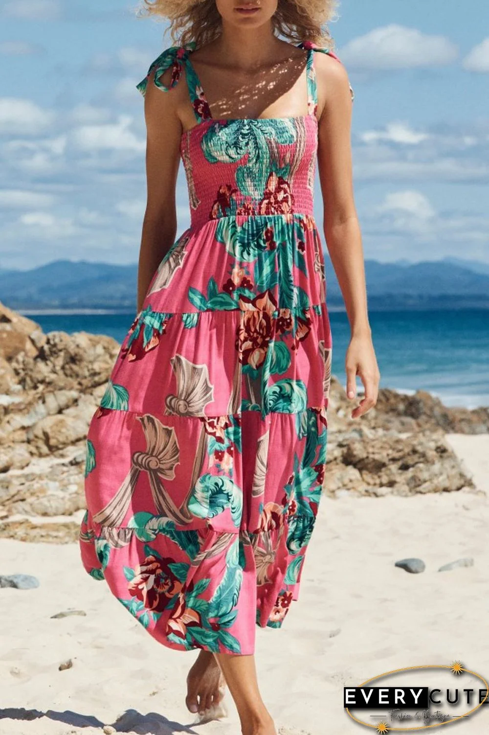 Vacation Print Lace Up Sleeveless Dress