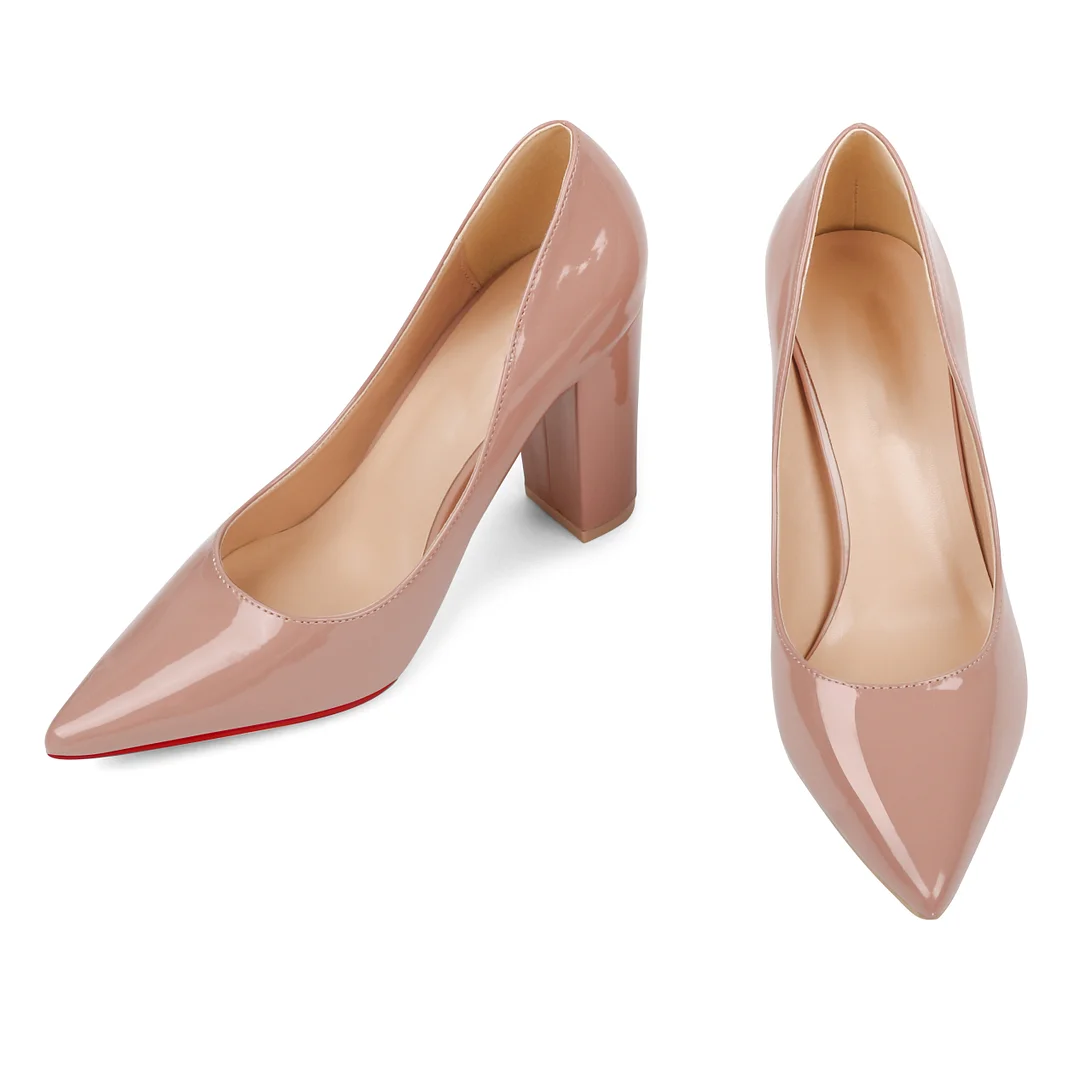 3.5" Women's Chunky Heels Red Bottom Shoes Comfortable Middle Block Heel Patent Pumps-MERUMOTE