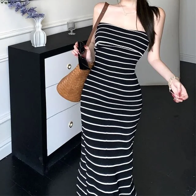Striped Tube Sheath Dress Midi