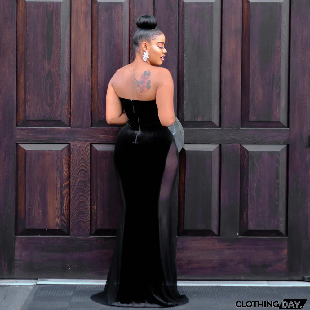 Velvet Strapless Sexy Patchwork Lace Bodycon Long Dress