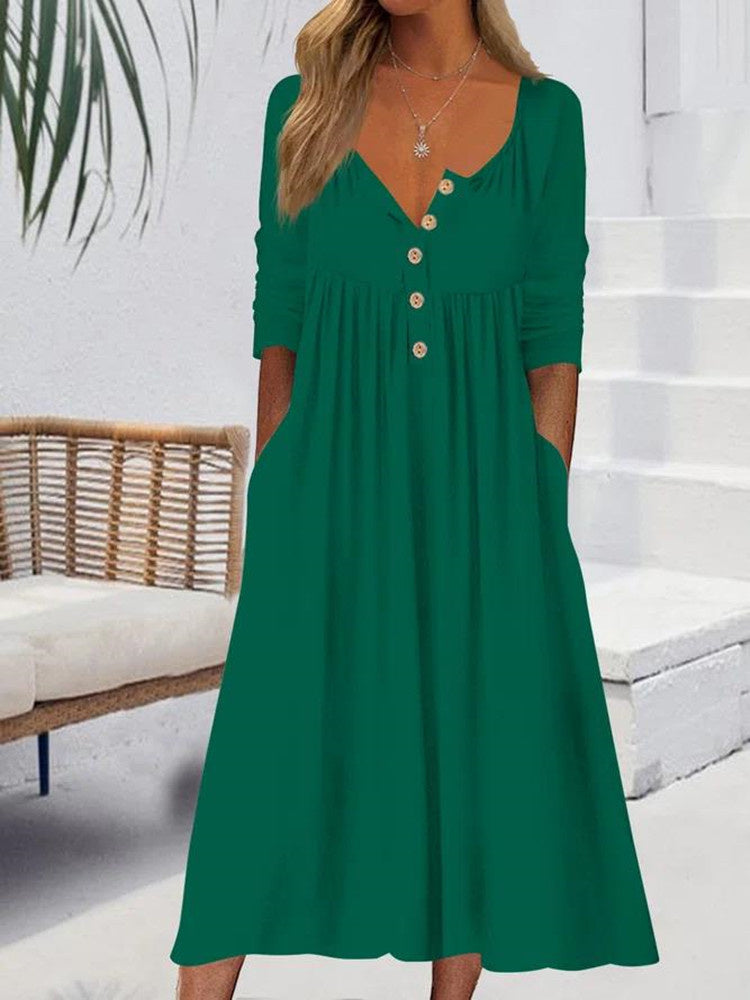 Women Long Sleeve V-neck Solid Color Midi Dress