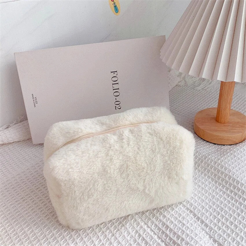 Solid Color Makeup Bags Women Soft Plush Cosmetic Make Up Brushes Storage Case Travel Toiletry Organizer Handbag Girls Gift