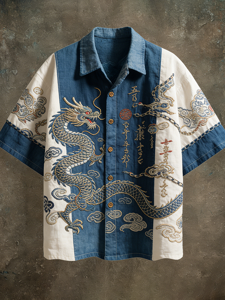 Japanese-style Dragon Pattern And Totem Art Patchwork Short-sleeve Shirt  artssus