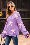 Women's Brushed Star Graphic V Neck Drop Shoulder Oversize Purple Sweater
