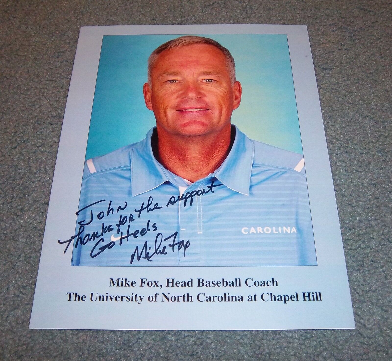 North Carolina Coach Mike Fox Signed Autographed 8.5x11 Photo Poster painting Baseball