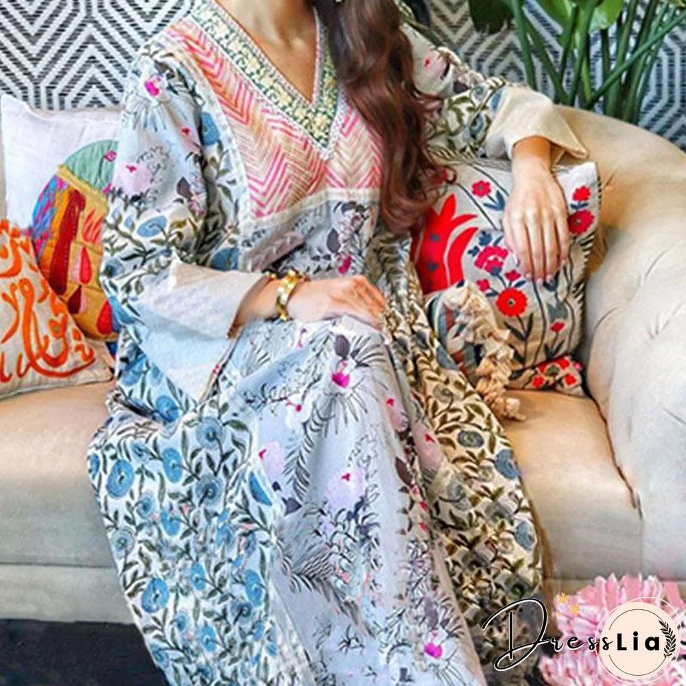 V Neck Colorful Flower Printed Maxi Dress