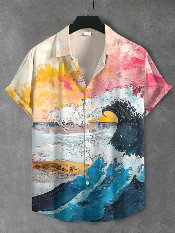 Men's Sunset Sea Wave Art Print Short Sleeve Shirt