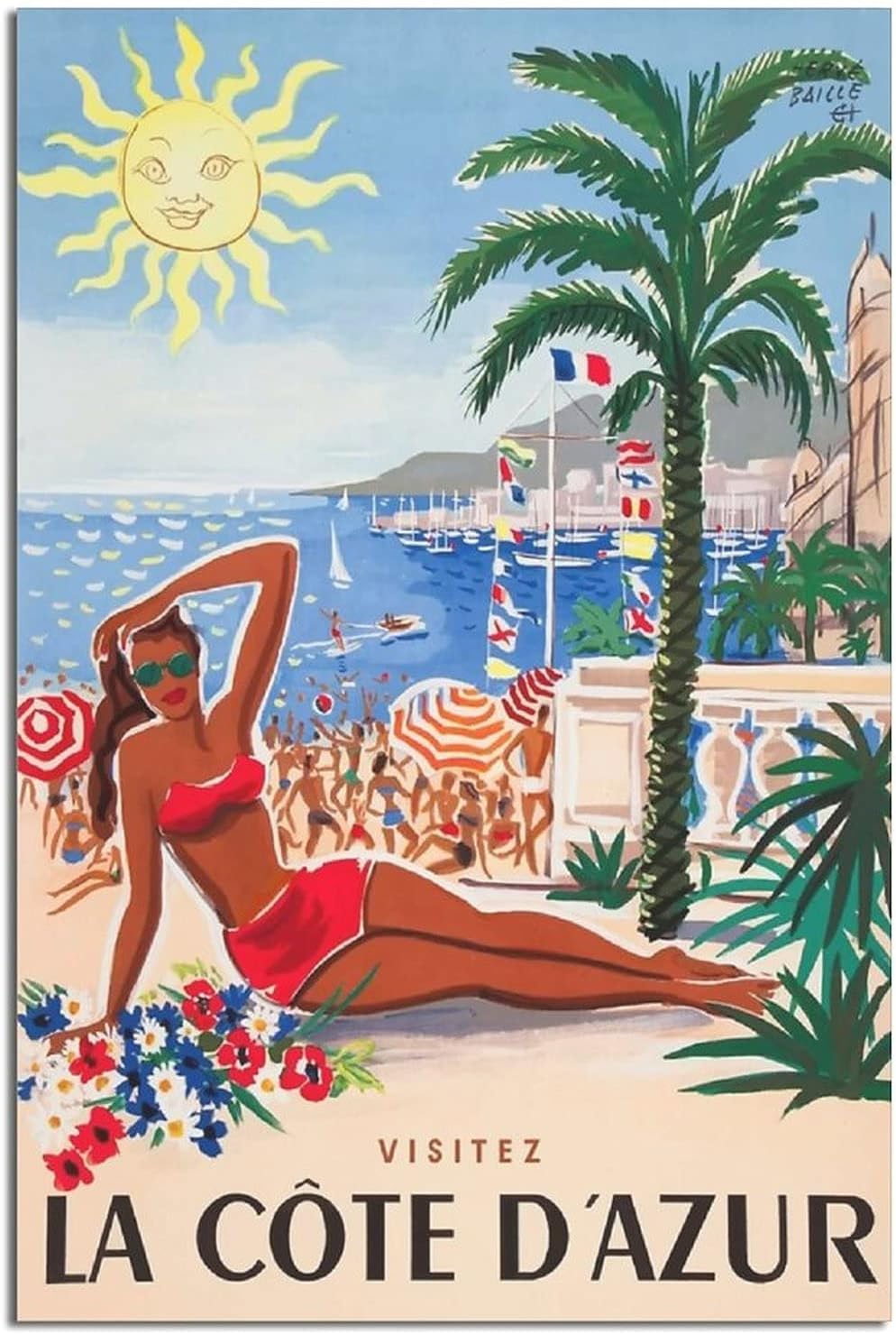 Abstract French Riviera Vintage Travel Posters Beach Beauties Canvas Art Modern Home Posters Picture Wall art painting for Living Room Bedroom Office Decoration Birthday Gift 812inchs(2030cm)