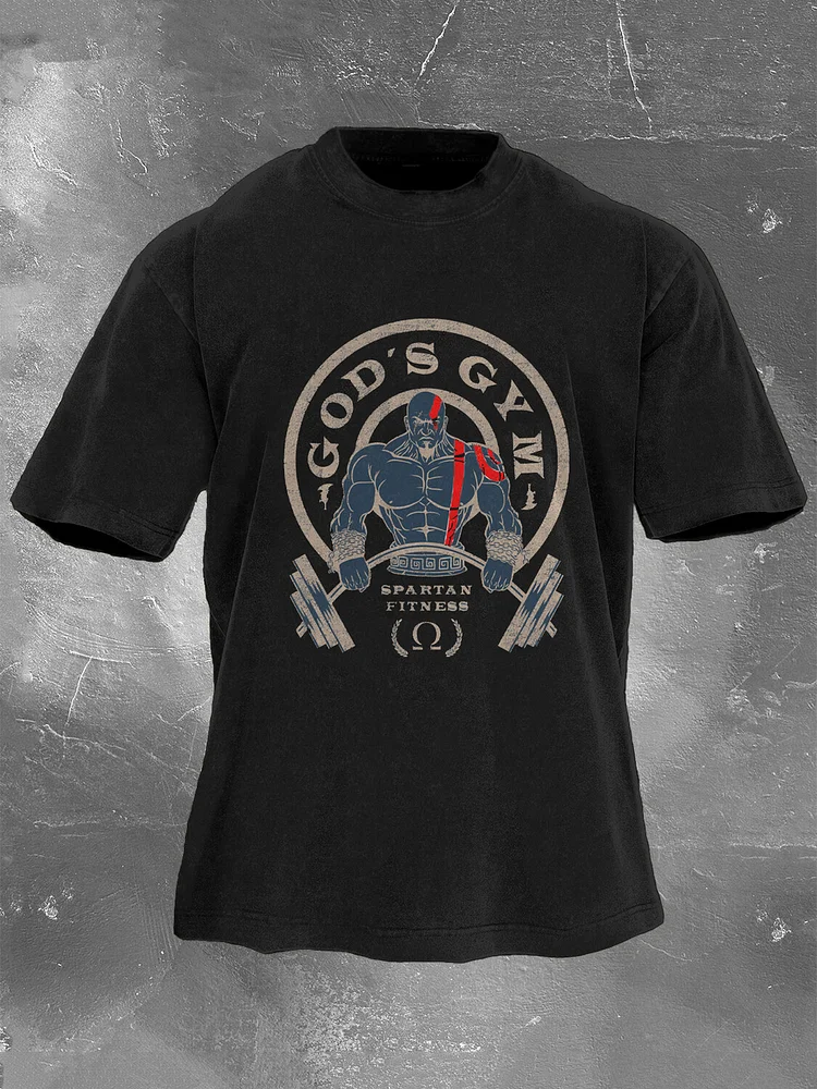 Men's God's Gym Slogan Print Cotton Washed T-Shirt