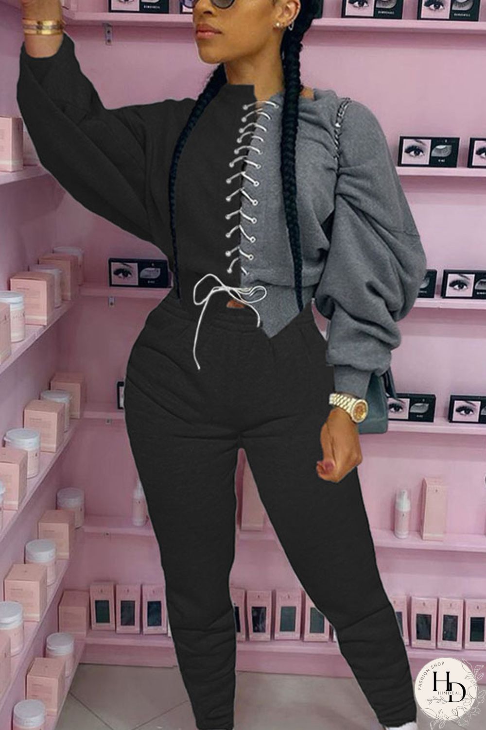 Grey Sexy Solid Patchwork O Neck Long Sleeve Short Two Pieces